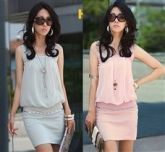 Chiffon de Slim sólidos colher Collar mangas Coxa Compriment